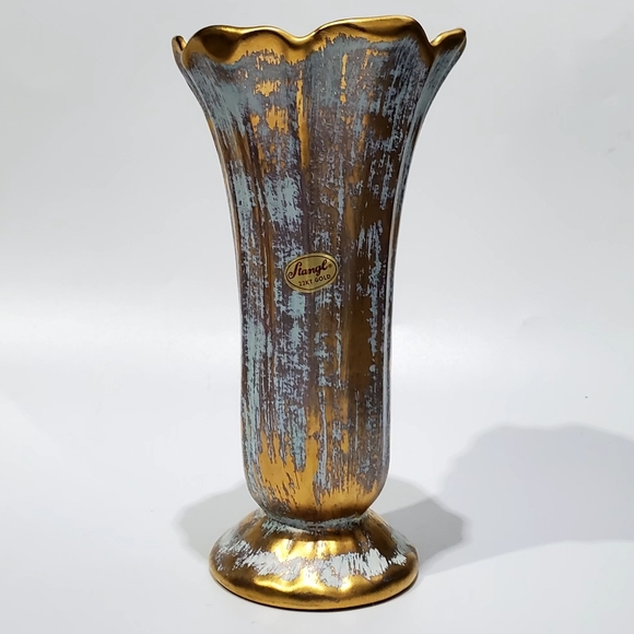 1957 Stangl #3154 Antique Gold, 7.5" 22KT Gold Turquoise Blue Green Flared Vase - Picture 10 of 11